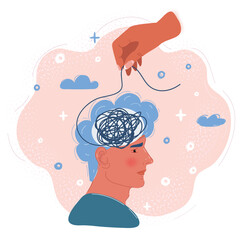 Obraz premium Cartoon vector illustration of Psychotherapy session. Head with the tangled thread inside is unraveled by hand