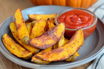 Crispy golden sweet potato wedges paired with tangy dipping sauce in autumn setting