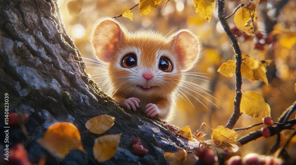 Poster a cute, small mouse with large eyes peeks out from a tree branch surrounded by autumn leaves.