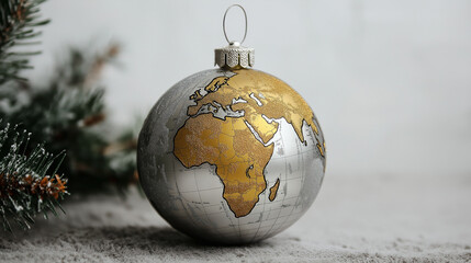 Christmas World Map Globe Ornament Ball hang on Pine tree, in Silver, and Gold Colors
