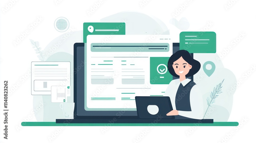 Poster A digital workspace with a woman using a laptop and displaying various interface elements.