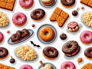 Colorful Assortment of Desserts Featuring Donuts, Popcorn, and Sweets Displayed on a Vibrant Background