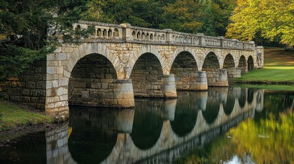 Fototapeta premium Medieval stone bridge with arches, standing over a tranquil pond with reflections