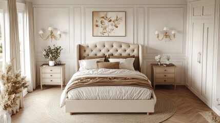 Elegant beige bedroom with wingback bed, neutral bedding, and wall sconces.