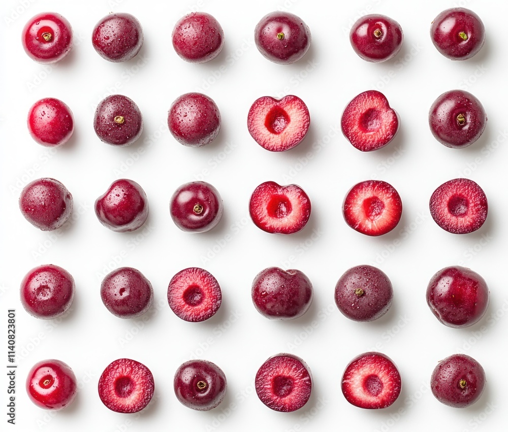 Poster a grid of whole and halved red cherries on a white background.