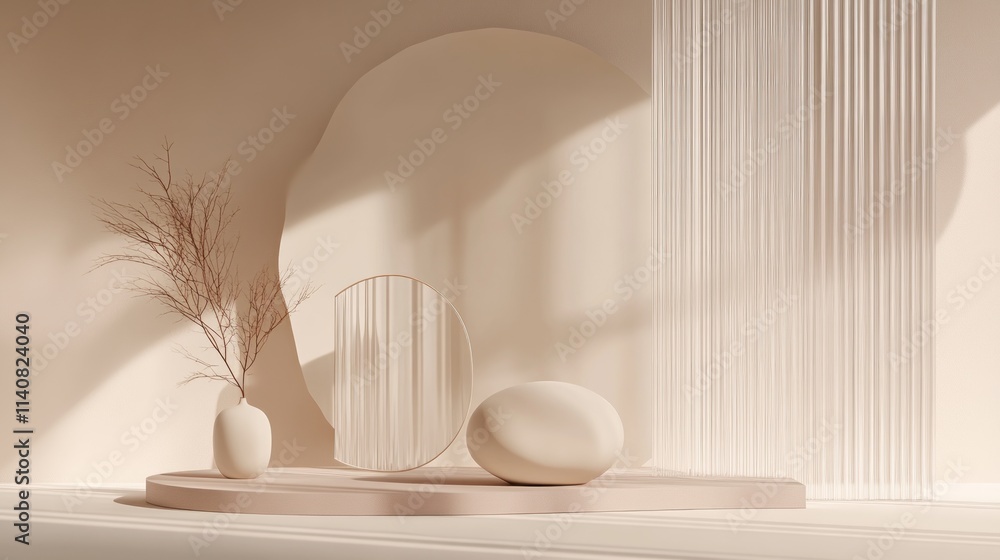 Poster a minimalist interior scene featuring soft shapes and natural elements in a serene setting.