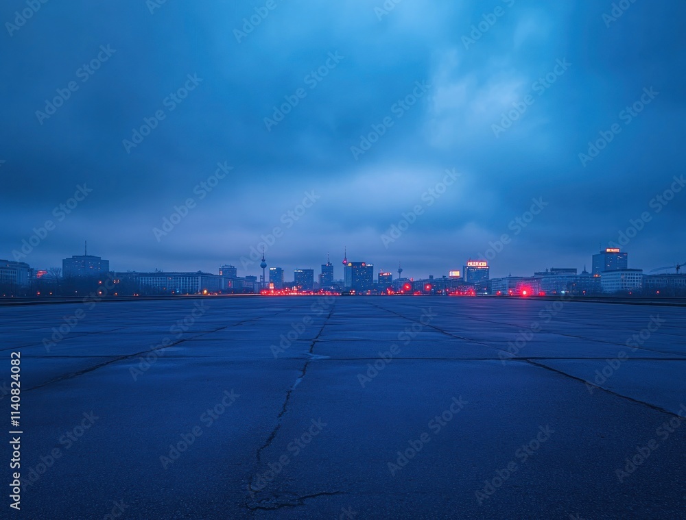 Aufkleber a moody urban skyline at dusk with cloudy skies and illuminated buildings in the distance.