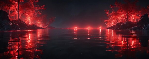 Neon red lights reflecting off a still water surface, serene scene, aquatic glow, calm waters