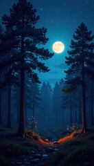 Fototapeta premium Nighttime forest with glowing trees and a full moon, star, tree, natural