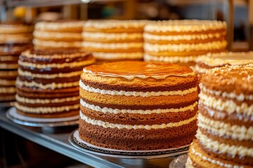 Delicious layered cakes adorned with creamy frosting in a vibrant bakery