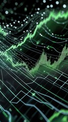 Obraz premium A close-up of a green stock market chart shows upward trends amidst a blurred urban background enhanced by a bokeh effect