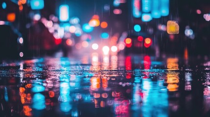 Rainy Night Cityscape: Vibrant Reflections in Urban Puddle