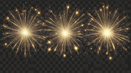 Three golden firework bursts with delicate trails on a transparent, png, white background, suitable for festive designs