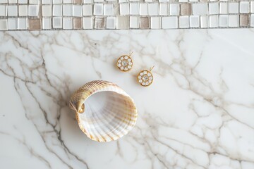 Minimal fashion composition featuring golden earrings in a seashell on marble, flat lay with mosaic tiles.