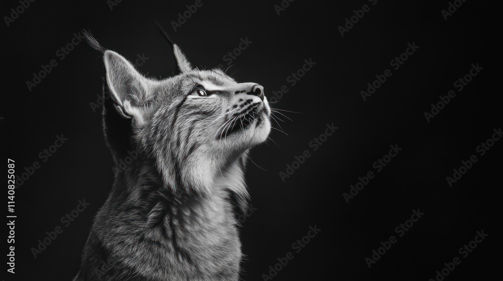 Poster a black and white portrait of a lynx looking upward, showcasing its features and expression.