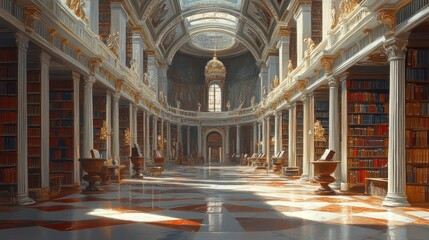 Obraz premium Grand library, ornate columns, countless books.