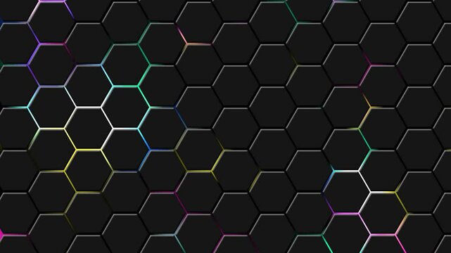 Futuristic hexagons surface Loop multicolor background. Gaming pattern from geometric figure. Neon colors