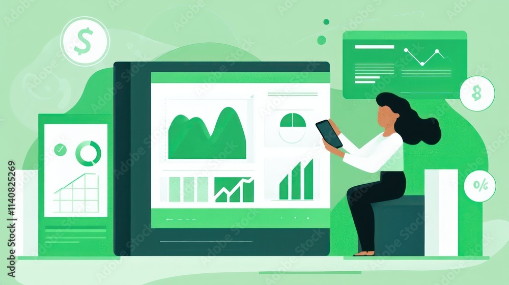 Poster a woman analyzes data on screens with green graphics and charts.