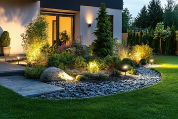 Garden lighting illuminating plants and pathway at dusk