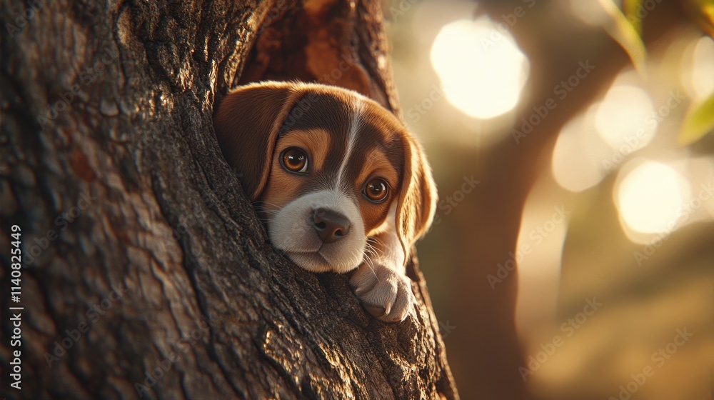 Poster a curious puppy peeks out from a tree trunk, capturing a moment of playful innocence.