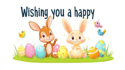 Obraz premium Happy Easter! Cute Bunnies and Colorful Eggs
