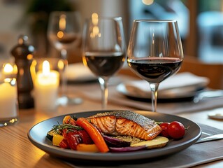 Grilled salmon with vegetables and red wine on a restaurant table.