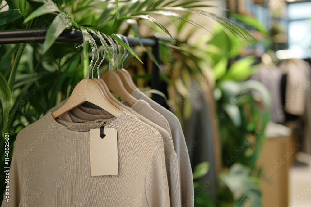 Poster a display of hanging clothing in a stylish store surrounded by greenery.