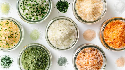 A top-view image of eco-friendly bath salts in glass jars on a white background.--ar 16:9