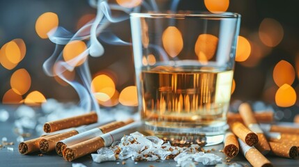 Glass of alcohol and cigarettes on table symbolizing the dangers of bad habits and addictions