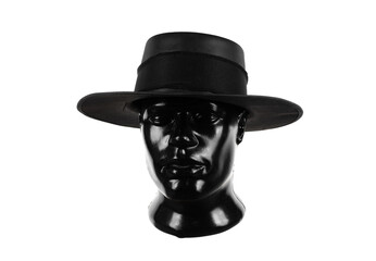mannequin head in black classic hat isolated on white background