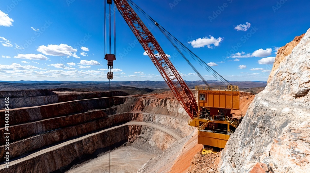 Poster a large crane operates in a vast open-pit mine, extracting resources under a bright blue sky with sc