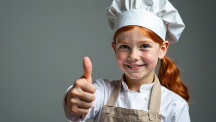 A girl in an apron and a chef's hat shows thumb up on a gray background. The concept of children's cooking master classes