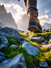 Close-Up of Hiking Boot on Rocky Mountain Trail Surrounded by Lush Green Grass