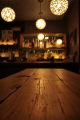 Cozy Bar Ambiance with Rustic Wooden Table and Pendant Lighting