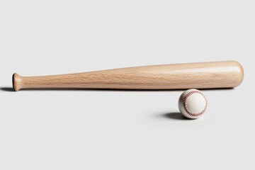 Wooden baseball bat and ball resting on white background
