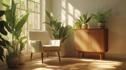 A cozy corner with a chair and plants, illuminated by sunlight through large windows.