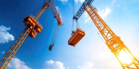Two construction cranes operating against a bright blue sky, symbolizing development and industry.