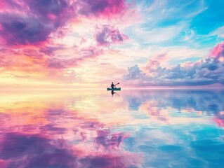 Fototapeta premium A serene sunset over calm waters with a lone kayaker reflected in vibrant colors.