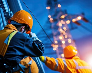 Workers in safety gear inspect electrical equipment at night, highlighting the importance of safety in construction and maintenance.