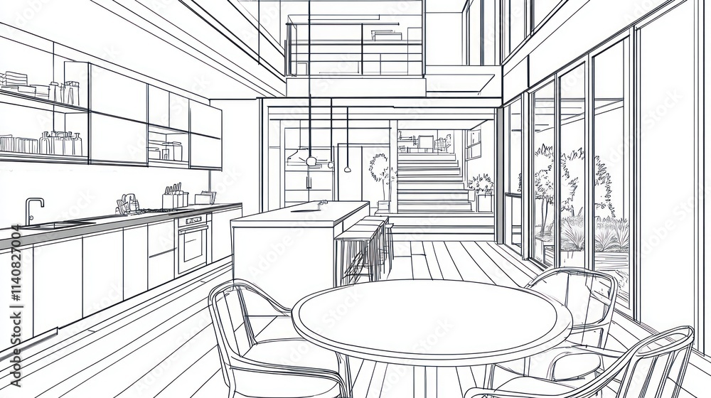 Aufkleber linear design of a modern kitchen and dining area with open spaces and natural light.