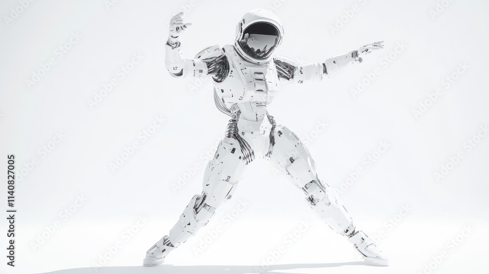 Aufkleber a futuristic humanoid robot in a dynamic pose against a minimalist background.