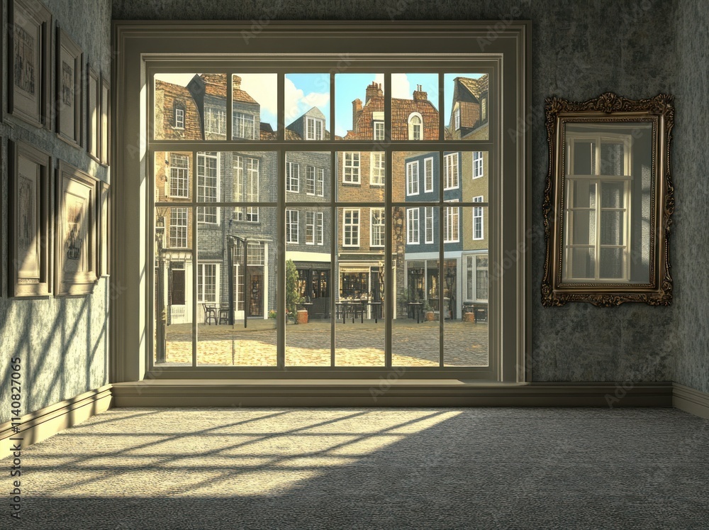 Poster a spacious room with a large window showcasing a charming street view.