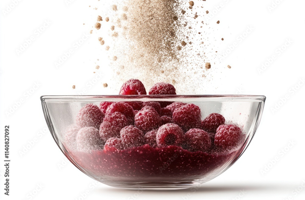 Poster a bowl of raspberries with sugar falling, emphasizing a culinary preparation.