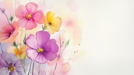 Fototapeta premium Watercolor Spring Florals on White Paper Create a soft and artistic background with watercolor spring flowers in pink, purple, and yellow hues, lightly painted on plain textured white paper.