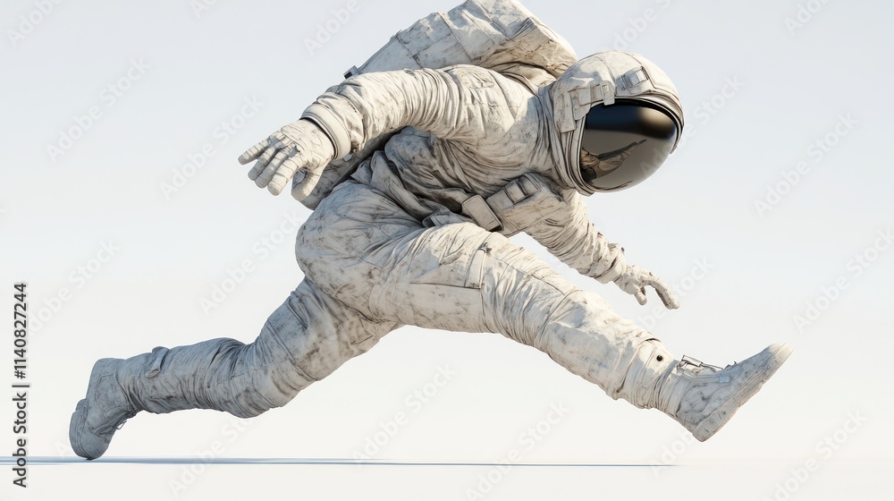 Poster A dynamic astronaut in a spacesuit appears to be running in a minimalist environment.