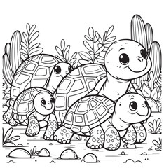 Coloring page group turtle walk in nature dessert
