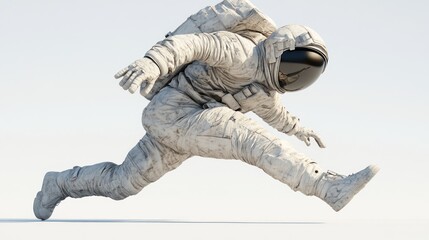 A dynamic astronaut in a spacesuit appears to be running in a minimalist environment.