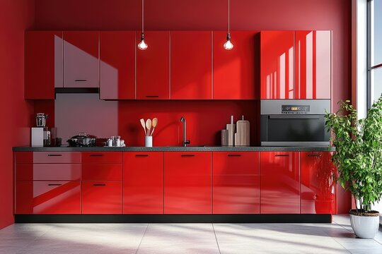 Modern red kitchen interior with retro fridge and table setting