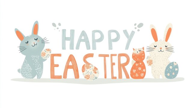 Happy Easter! Cute Rabbits and Cat Celebrating Easter