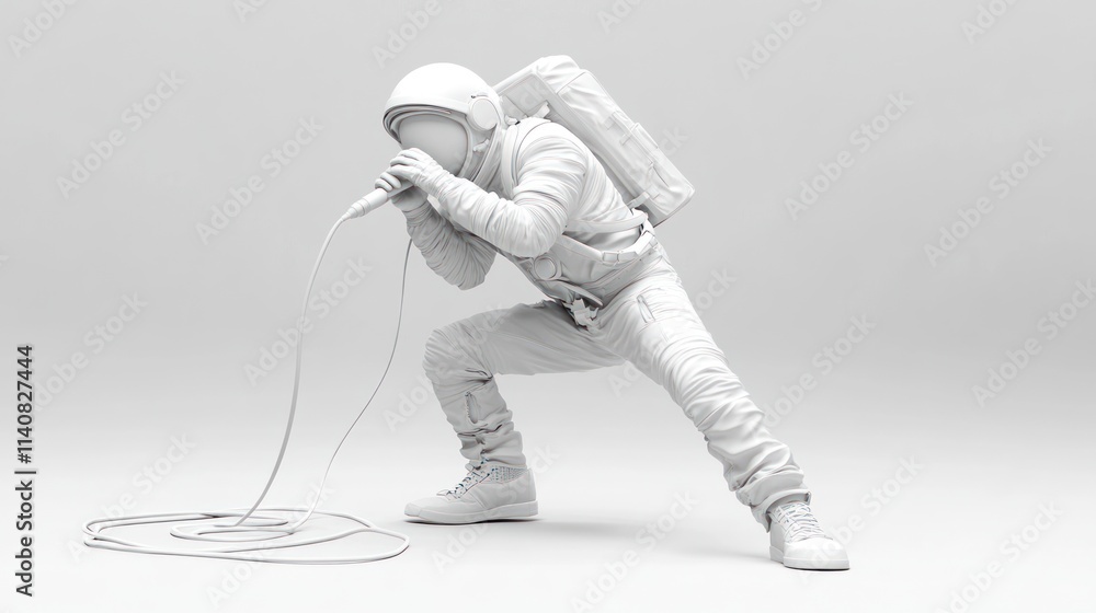 Poster a monochromatic astronaut figure performing with a microphone, emphasizing creativity and exploratio